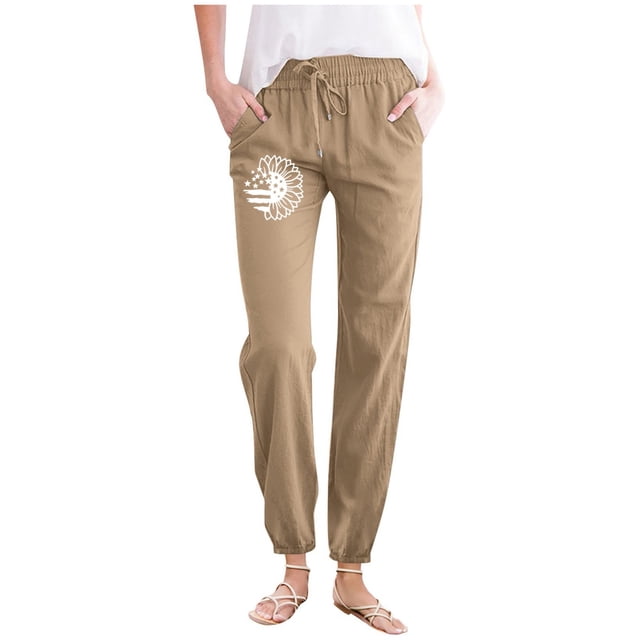 Women's Cargo Pants Minimalist Spring Summer Solid Color With Printed Pockets Drawstring Home Pants Women Wide Leg Pants Khaki XXL