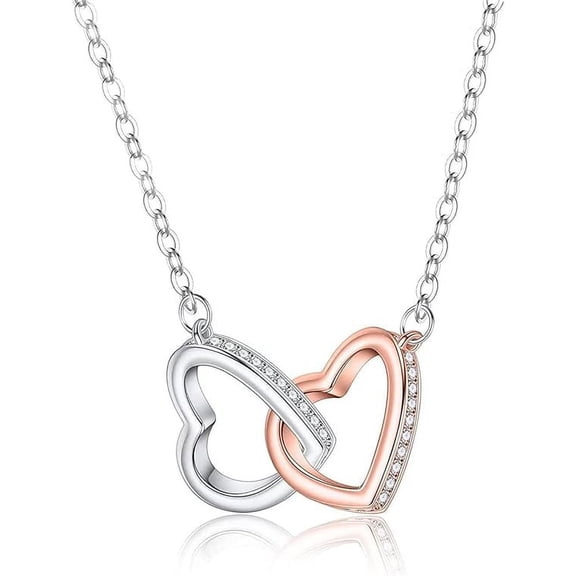 Silver Necklace for Women, Heart Necklace, High-Quality Copper Plated with Platinum and Rose Gold Double Skeleton Heart Pendant Necklace is the Perfect Valentine's Day Gift