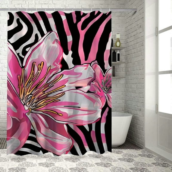 Pratyus Flower Zebra Print Shower Curtain for Bathroom Decor with Hooks and Washable, Chic Modern Style Made of 100% Polyester Fiber 36"x72