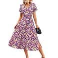 thumbnail image 1 of xiaxaixu Femmes Été Plage Midi Robe Florale Impression Manches Courtes Wrap V Cou Cravate-Front Fendue une Ligne Robe, 1 of 6