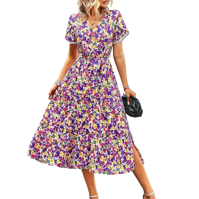 xiaxaixu Femmes Été Plage Midi Robe Florale Impression Manches Courtes Wrap V Cou Cravate-Front Fendue une Ligne Robe