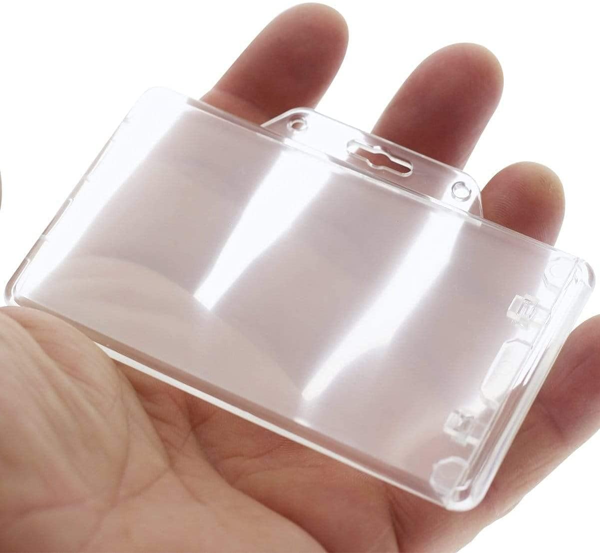 50 Pack - Heavy Duty Horizontal Permanent Locking Badge Holder - Crystal Clear Hard Plastic Case for Photo I.D. Badges or Proximity Cards by Specialist ID