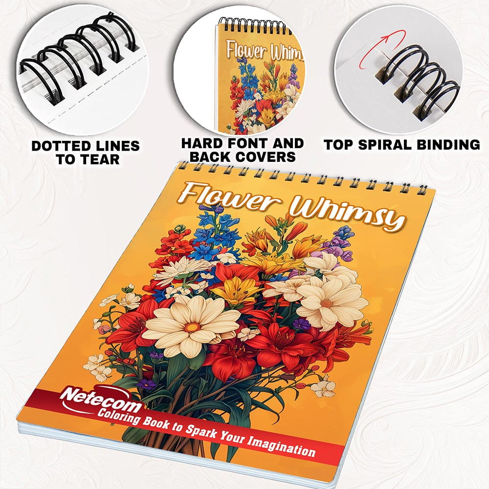 Netecom Flower Whimsy Coloring Book for Adults, Spiral Bound, Soft Cover