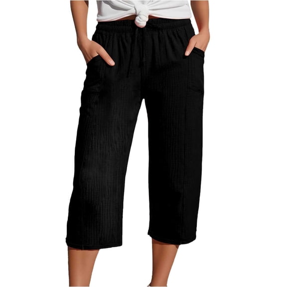Women Gauze Cropped Trousers Split Hem Cotton Linen Capri Pants Ladies Elasticated Waist 3/4 Length Straight Leg Trousers Soft Lightweight Plain Three Quarter Pants Casual Everyday Lounge Wear