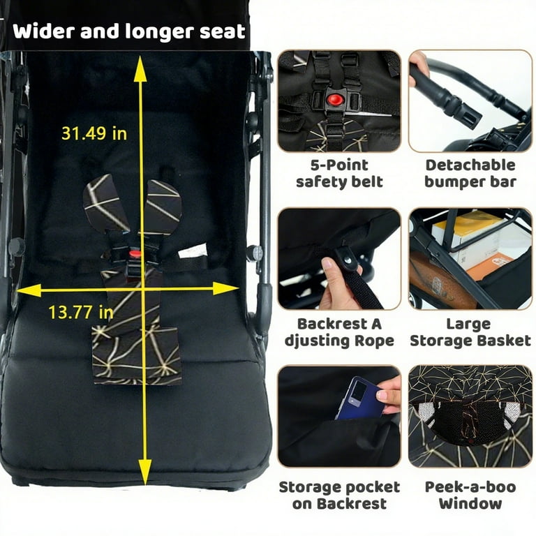 Foldable Baby Stroller,Travel Stroller with 5-Point Harness,Adjustable Backrest/Canopy,Storage Basket(Black)
