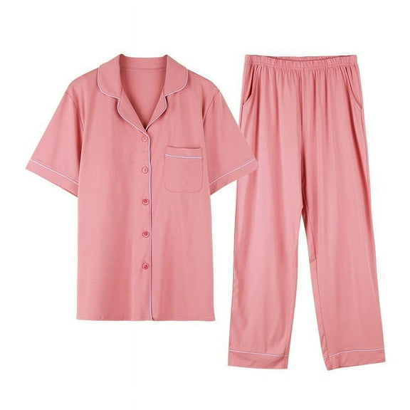 Diufon Cotton Womens Pajamas Set Button Short Sleeve Shirts Elastic Waist Pants Solid Color Sleepwear Set