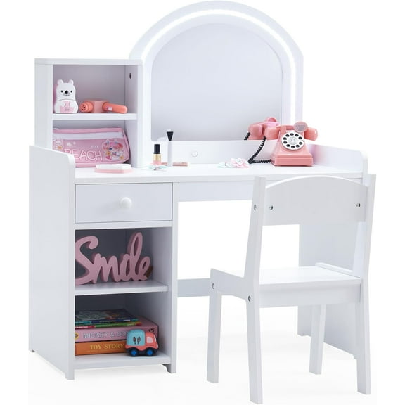 Kids Vanity with Lights, Princess Vanity Set with Drawer and Storage Shelves, 2 in 1 Toddler Makeup Vanity with Lighted Mirror, Girls Vanity Set with Stool for Little Girls