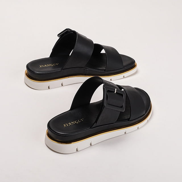 Sandalias de plataforma para mujeres Slip de punta abierta en toboganadas Hebilla baja (40) Negro