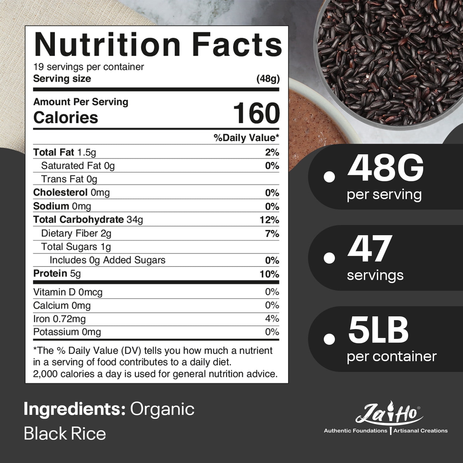 Jai Ho Certified Organic Black Rice 5 LB - Gluten Free, Vegan, Non-GMO - Resealable Zip Lock Pouch (Black Rice)