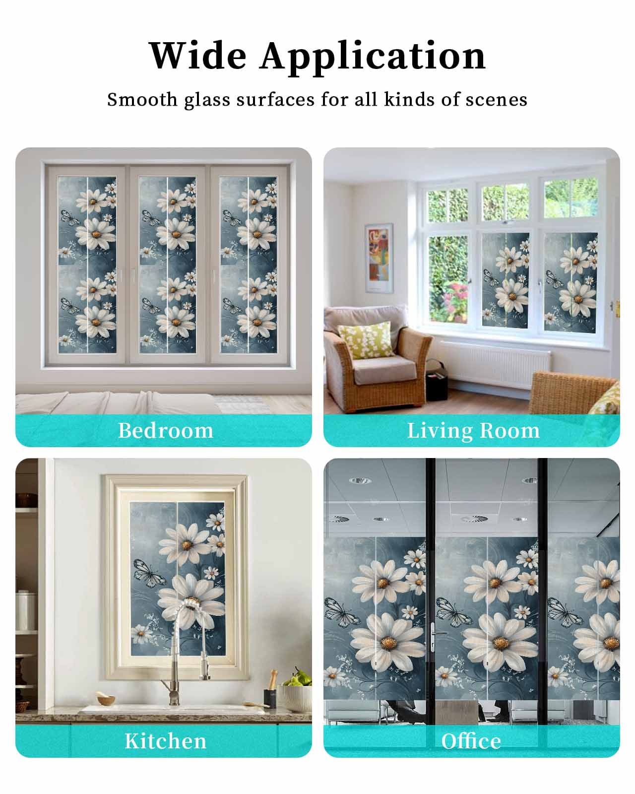 Window Privacy Film Elegant White Daisy Stained Glass Window Film Decorative Sun Block Window Cover Pastoral Vintage Butterfly Floral Window Clings Static Adhesive Sticker for Bathroom 29.5"x78.7"