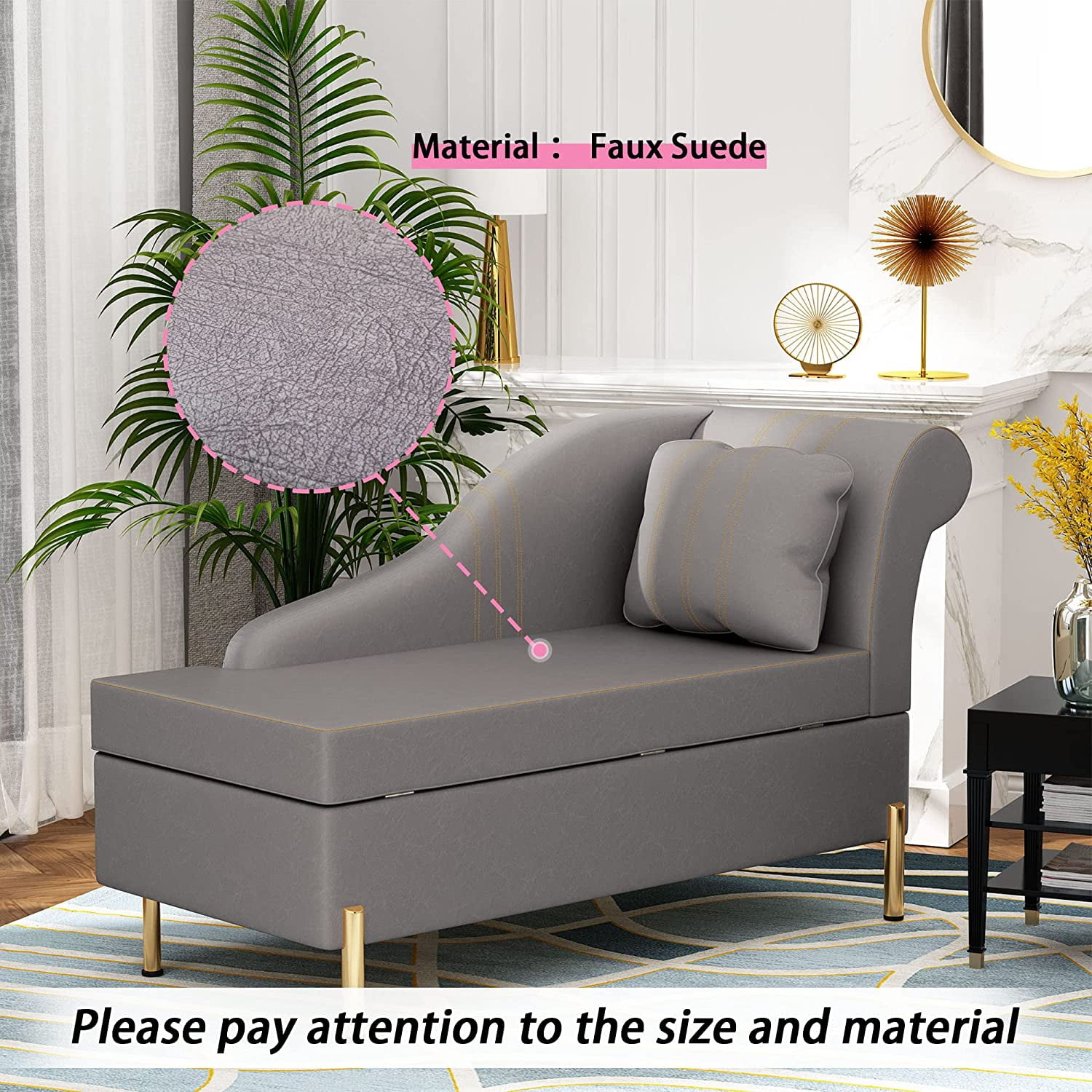 Andeworld Chaise Lounge with Storage Modern Upholstered Tufted Chaise Lounge Chair Indoor Faux Suede Sofa Recliner Couch for Bedroom Office Living