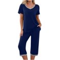 thumbnail image 2 of Dyegold Women's Pajama Sets Two Pieces Lounge Set Solid Color /Printed Short Sleeve Tops Capris With Pockets Loungewear Set, 2 of 8