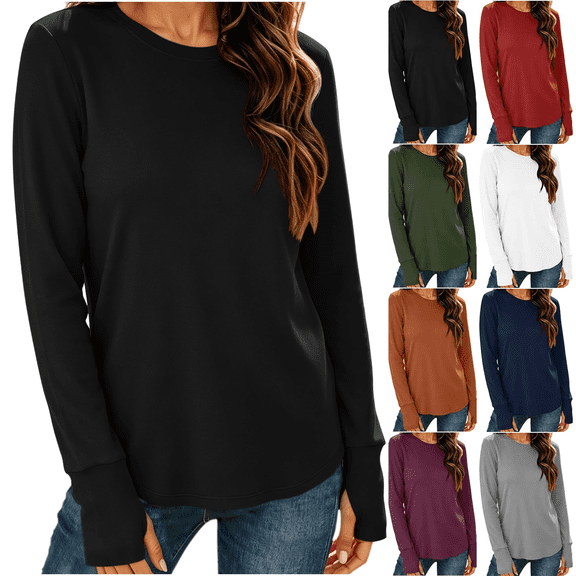 Women's Long Sleeve Shirts with Thumb Holes Winter Fashion Solid Color Casual Crew Neck Tunic Tops Lightweight Y2K Layering Apparel