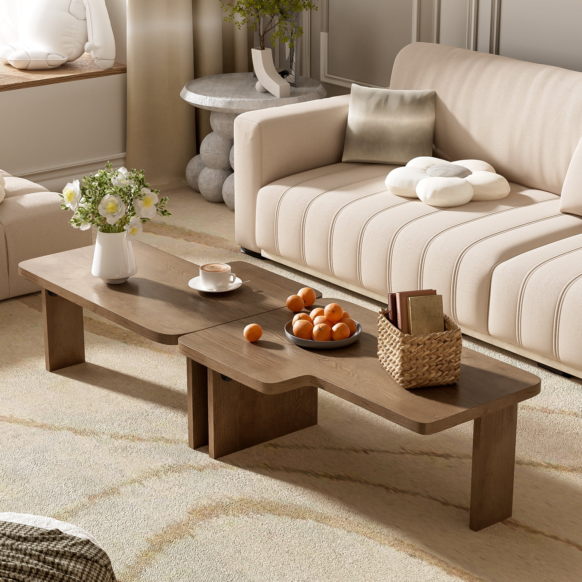 Euroco Modular Coffee Table Set of 2 – Freely Configurable Wood Grain MDF Tables with Modern Design, Compact Side Table Option