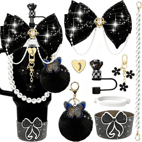 ACDANC Bling Accessories for 20/30/40Oz Bow Topper Set Black|Glitter Bow & Diamond Straw Topper Set with Silicone Boot,Pearl Handle Strap & Charms for 20/30/40Oz