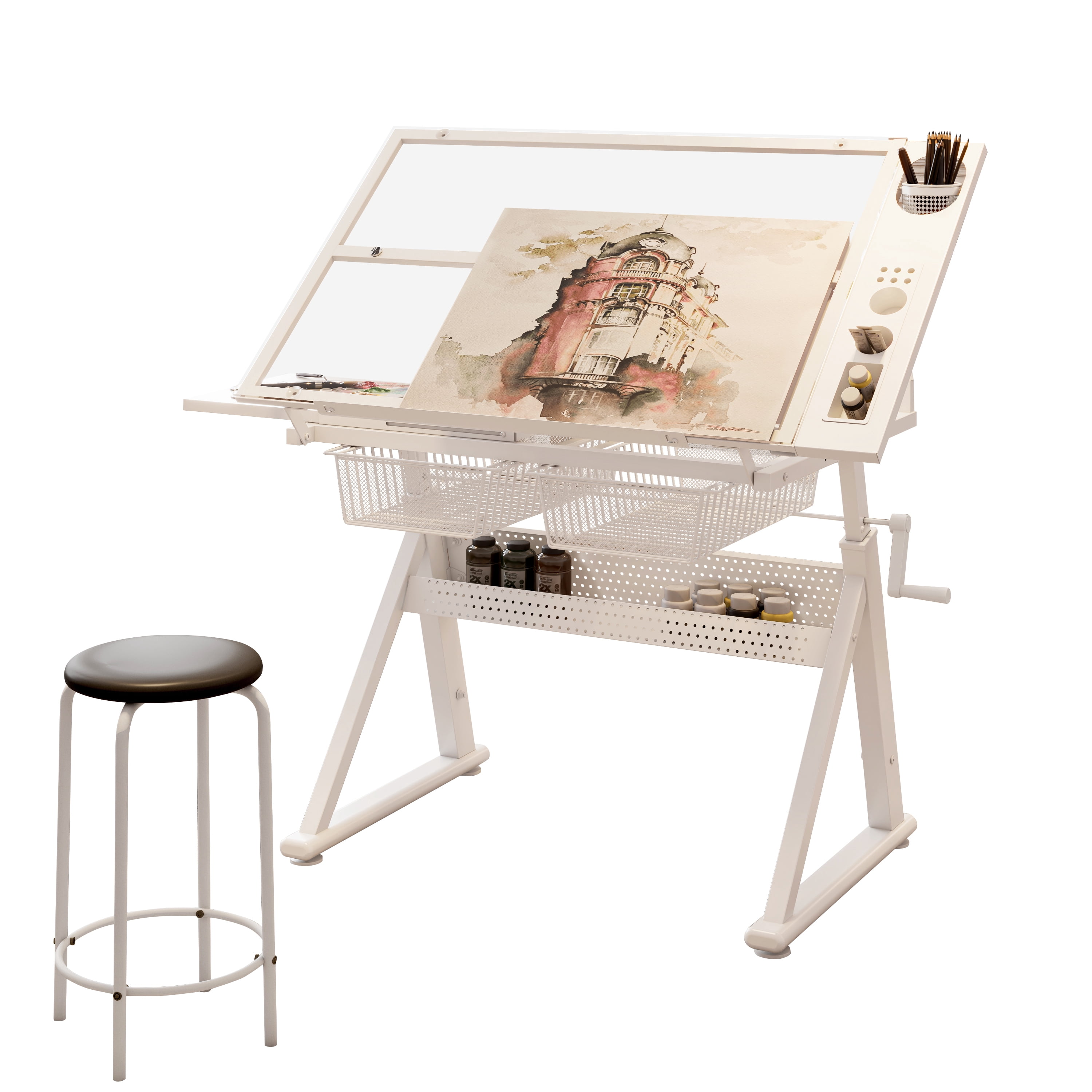 Adjustable Tempered Glass Drafting Table with Hand Crank and Chair, Height-Adjustable Drawing Desk and Art Studio Workstation with Storage, White
