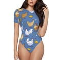 thumbnail image 2 of Uemuo Chicken Family Pattern Women's One Piece Short Sleeve Swimsuit Rash Guard Surfing Modest Quick-drying Swimsuit Beach Essentials-Large, 2 of 9