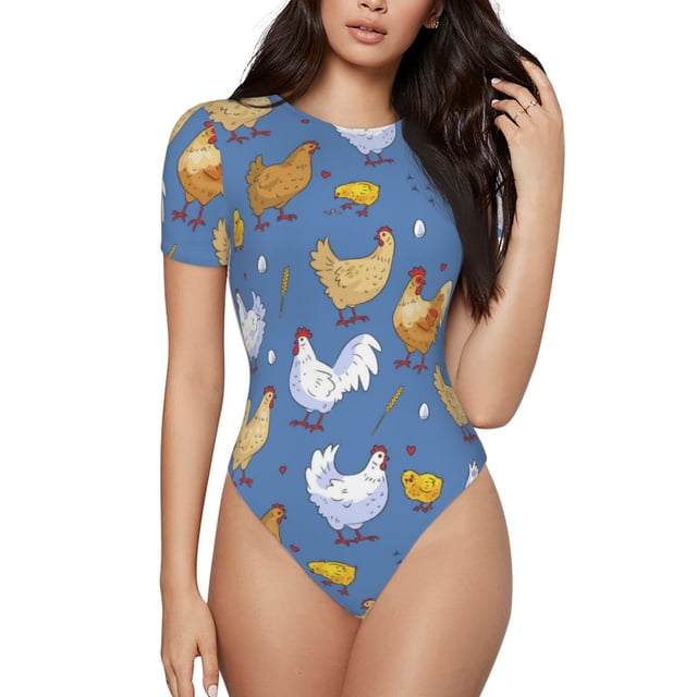 Balery Chicken Family Body de cuello redondo de manga corta para mujer Tops de manga corta Tops básicos-Medium