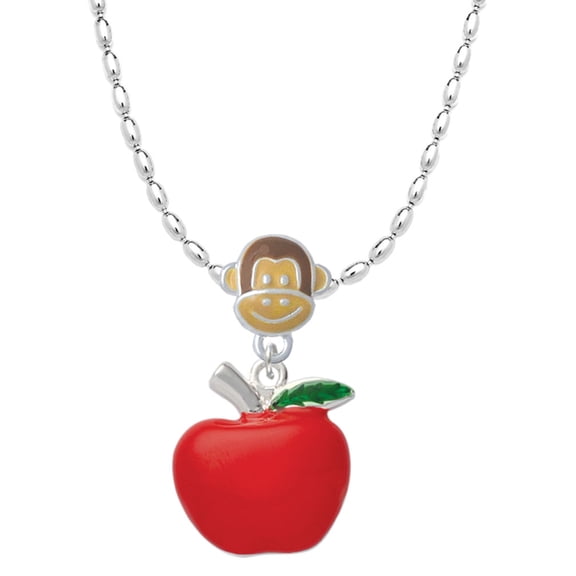 Delight Jewelry Silvertone Large Red Apple Mia Monkey Charm Necklace