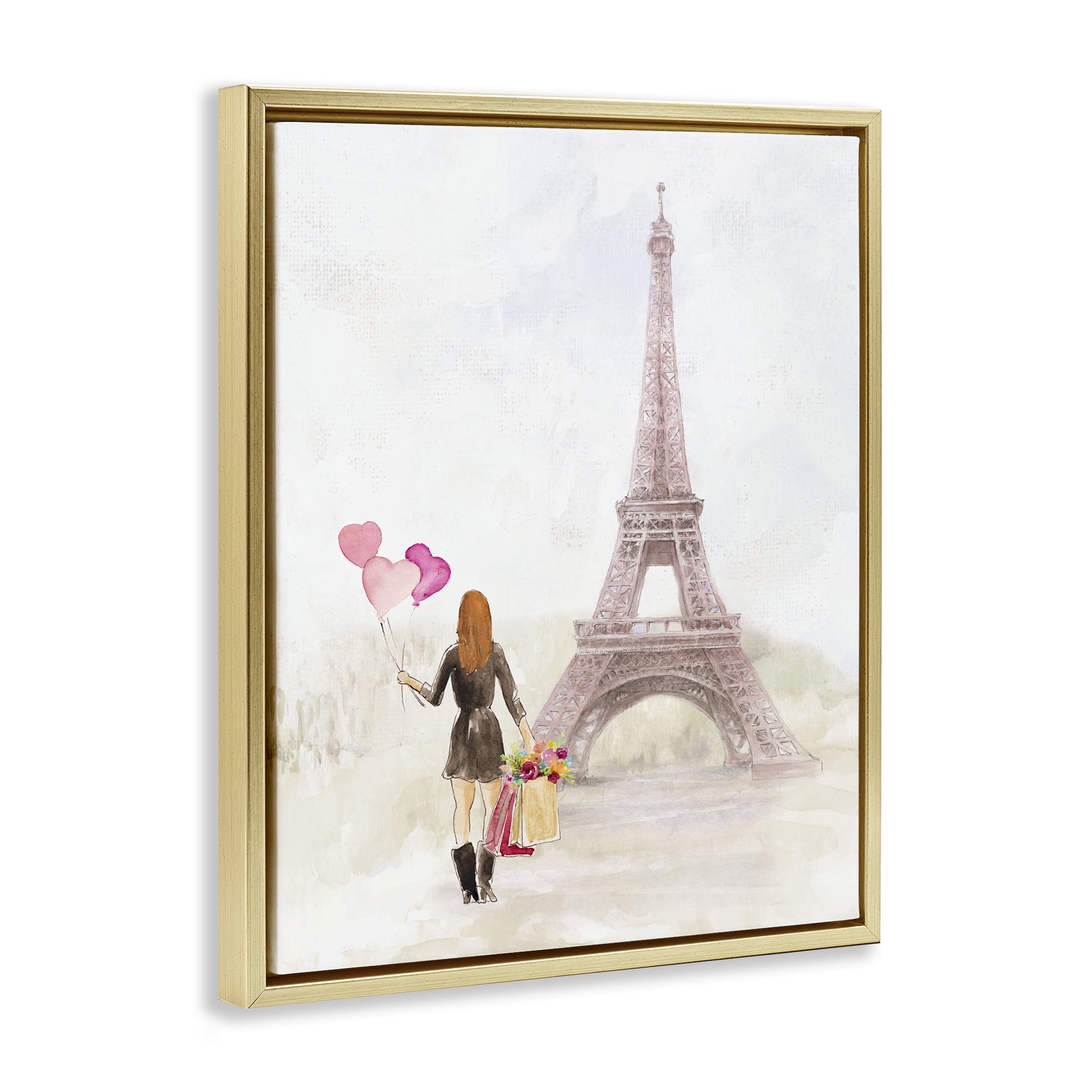 Stupell Industries Eiffel Tower & Heart Balloons Buildings & Architecture Painting Gold Floater Framed Canvas Art Print Wall Art, 17 x 21