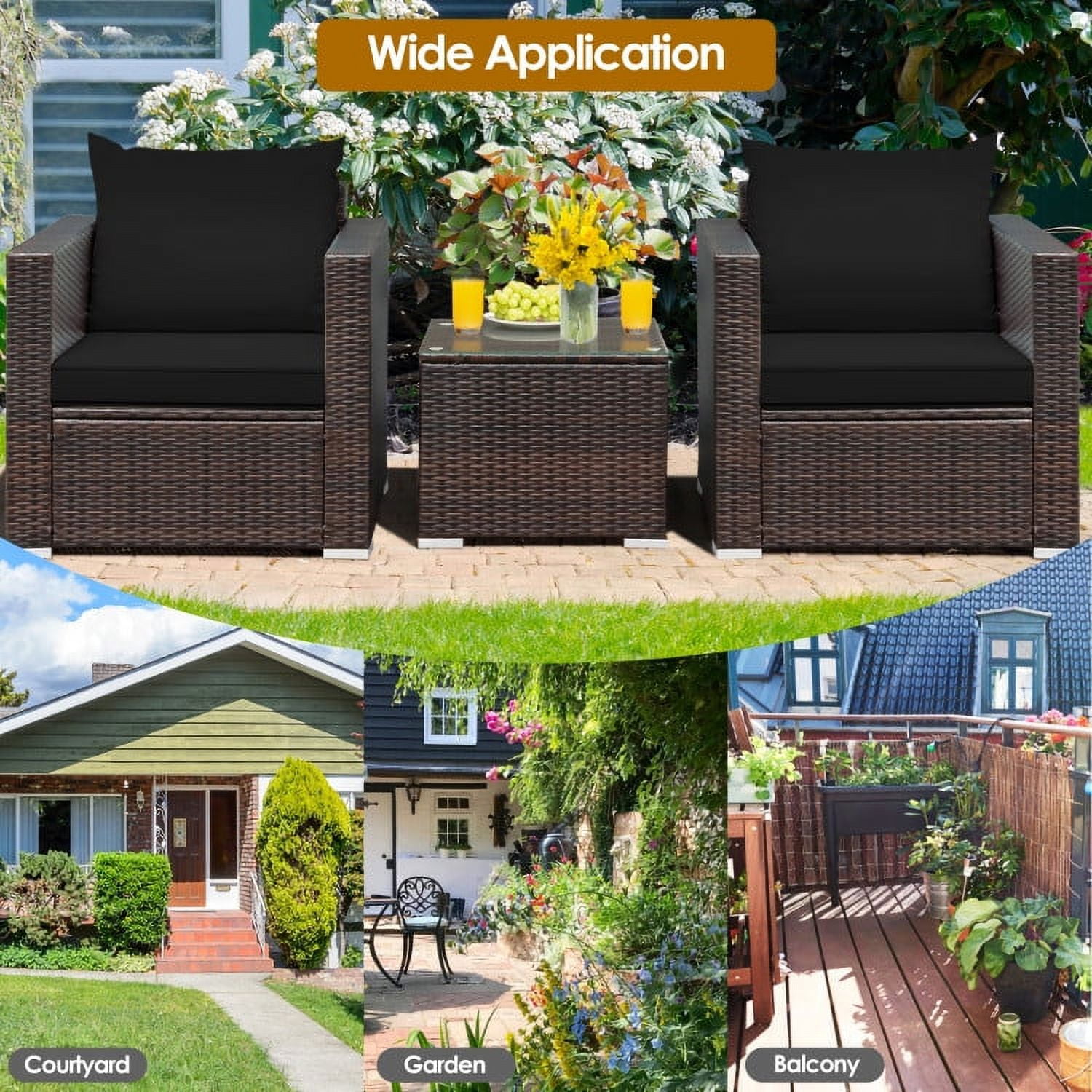 Aimee Lii 3 Pieces Patio Rattan Furniture Bistro Sofa Set with Cushioned, Modern Patio Furniture, Black Aimee Lii 3 Pieces Patio Rattan Furniture Bistro Sofa Set with Cushioned, Modern Patio Furniture, Black
