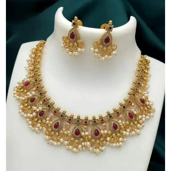 Gold-Plated Pearl and Ruby Stone Bridal Necklace & Earrings Set
