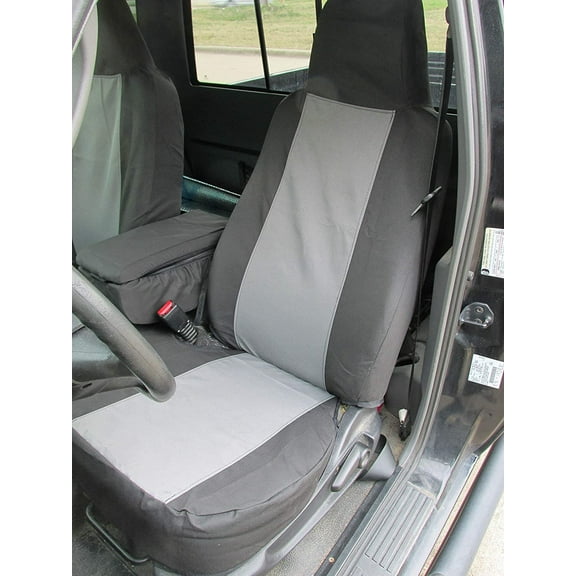F396 2004-2005 Ford Ranger Front 60/40 Split Seat with Molded Headrests and Opening Console Two Tone in Black & Gray Twill