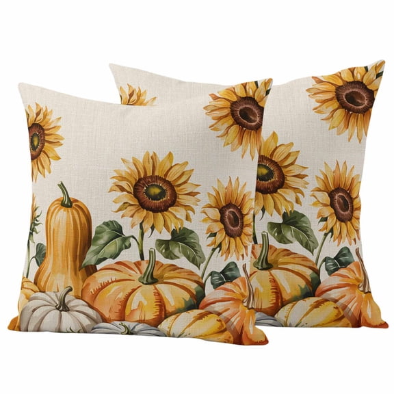 Orange Pumpkin Fall Outdoor Waterproof Pillow Covers, Thanksgiving Sunflower Botanical Beige Decorative Square Throw Pillowcase Sofa Cushion Sham for Patio/Couch/Chair, 24"x24" 2 Pack