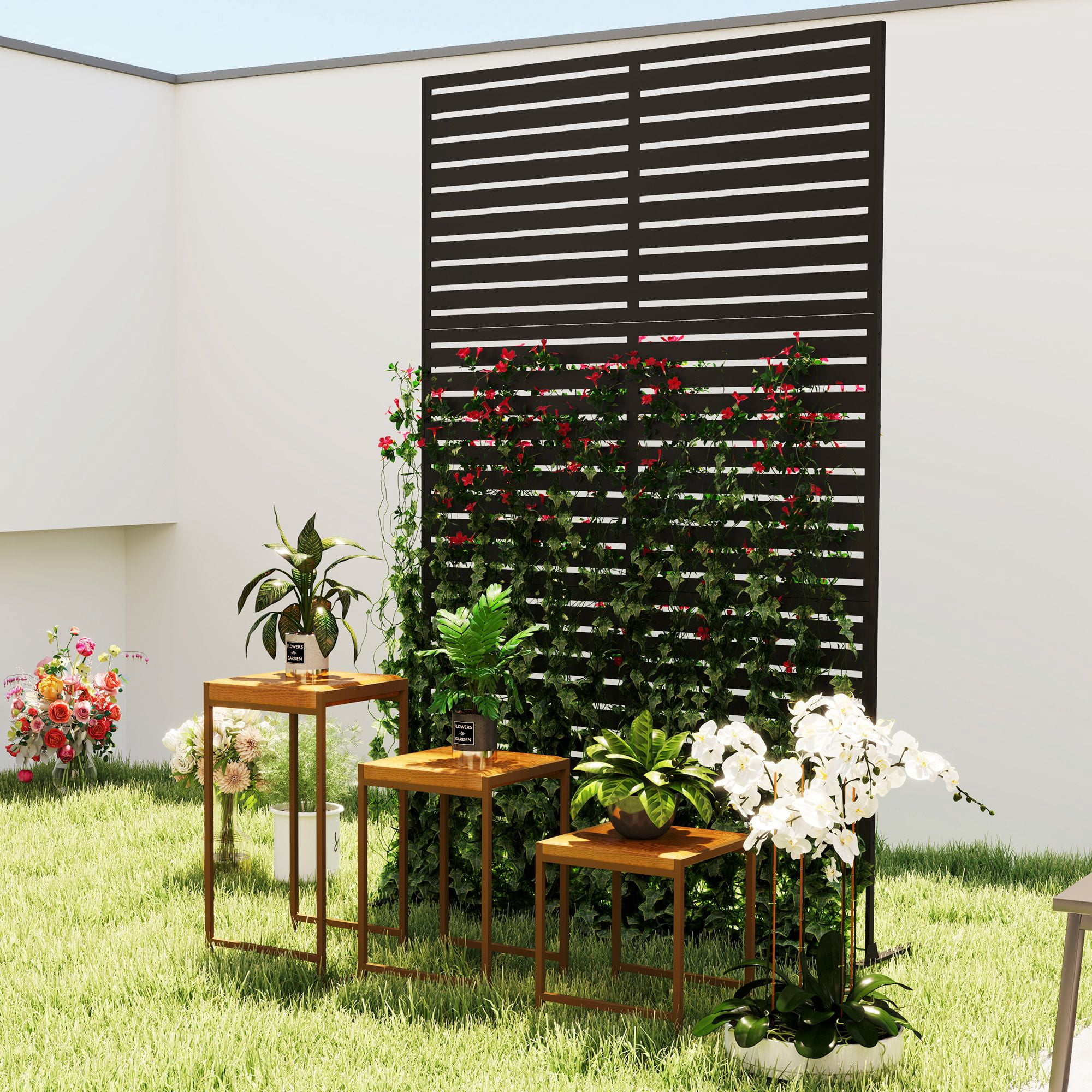 Alvantor 78" x 48" Metal Privacy Screen Freestanding Decorative Outdoor Fence, Black