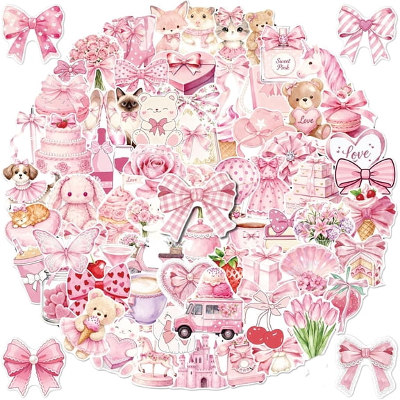 200Pcs Pink Aesthetic Stickers - Cute Vinyl Water Bottles Sticker Pack Waterproof Scrapbooking Sticker Cute Bow Stickers for Laptop Scrapbook Journal Planner Notebook Luggage