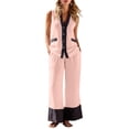 thumbnail image 2 of 2 Piece Casual Outfits for Women Solid Color Patchwork Top & Backless Pants with Pockets V Neck Loose Fit Spring Summer Set for Daily Wear & Weekend Outings Pink S, 2 of 9