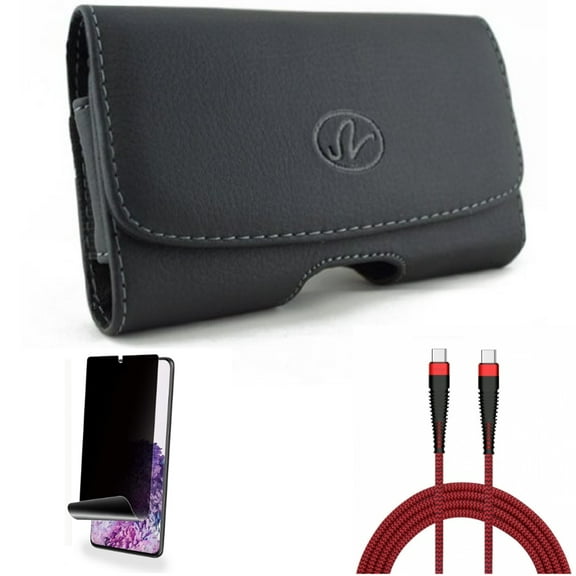 Privacy Screen Protector w 10ft PD Cable w Case Belt Clip for Samsung Galaxy S20 Plus - TPU Film [NOT GLASS] [Fingerprint Works], Type-C to USB-C Charger Cord Power, Leather fits Galaxy S20 Plus