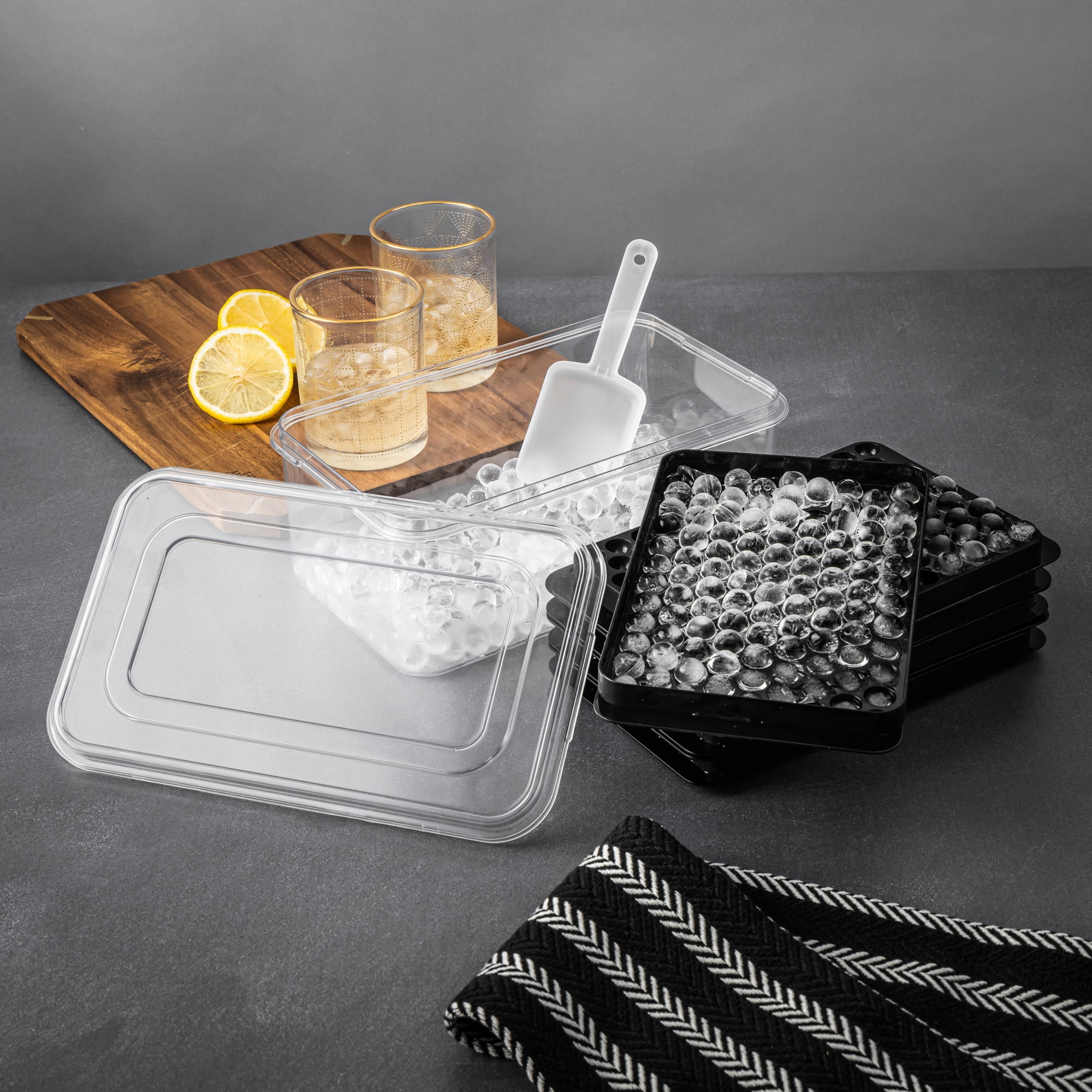 (2 pack) Thyme, Ice Cube Tray, & Table New Ice Tray Mold Set with Scoop, Black, convenient for portable cold storage.