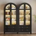 thumbnail image 3 of Vlsrka 71 Inch Arched Curio Cabinet, 4-Tier Display Cabinet and 2 Drawers, Tall Bookcase with 3 Color Lights, Display Case with Glass Doors, Kitchen Pantry, Black+Wood, 3 of 9