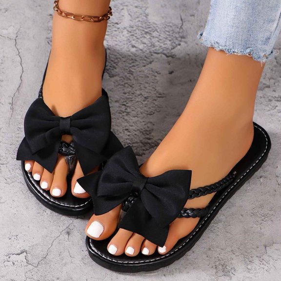 Samdudou Thong Sandals for Women Open Toe Flat Slip On Slippers Oversized Elegant Bowknot Embellishment Braided Strap Detail Casual Summer Beach Vacation Dressy Mules