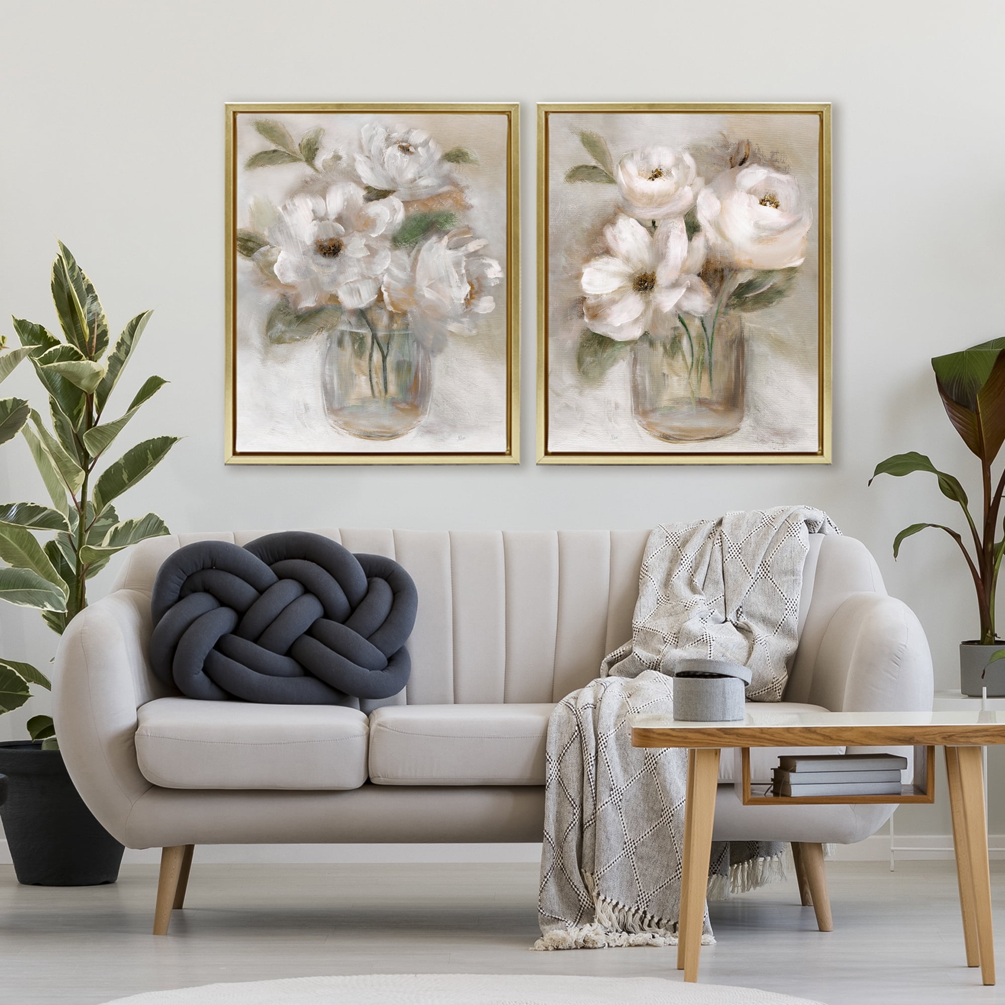 Stupell Industries Brushed White & Beige Roses 2 Piece Gold Framed Floater Canvas Set, design by Nan