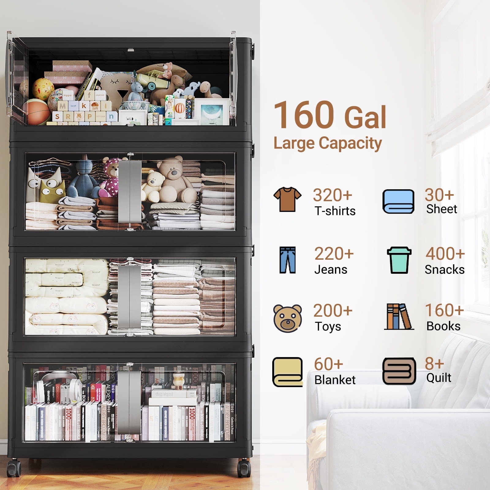 Broview 640Qt Large Stackable Storage Bins with Lids, Plastic Closet Organizers Storage Drawer with Wheels Doors, Toy Clothes Storage Box, Black V70