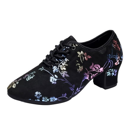 

LUOGENLI Female Gold Heels Wedge Leisure Women s Cloth Flowers Prints Soft Sole Non Slip Square Heels Lace up Round Toe Breathable Dancing Shoes Comfortable Heels for Wide Feet