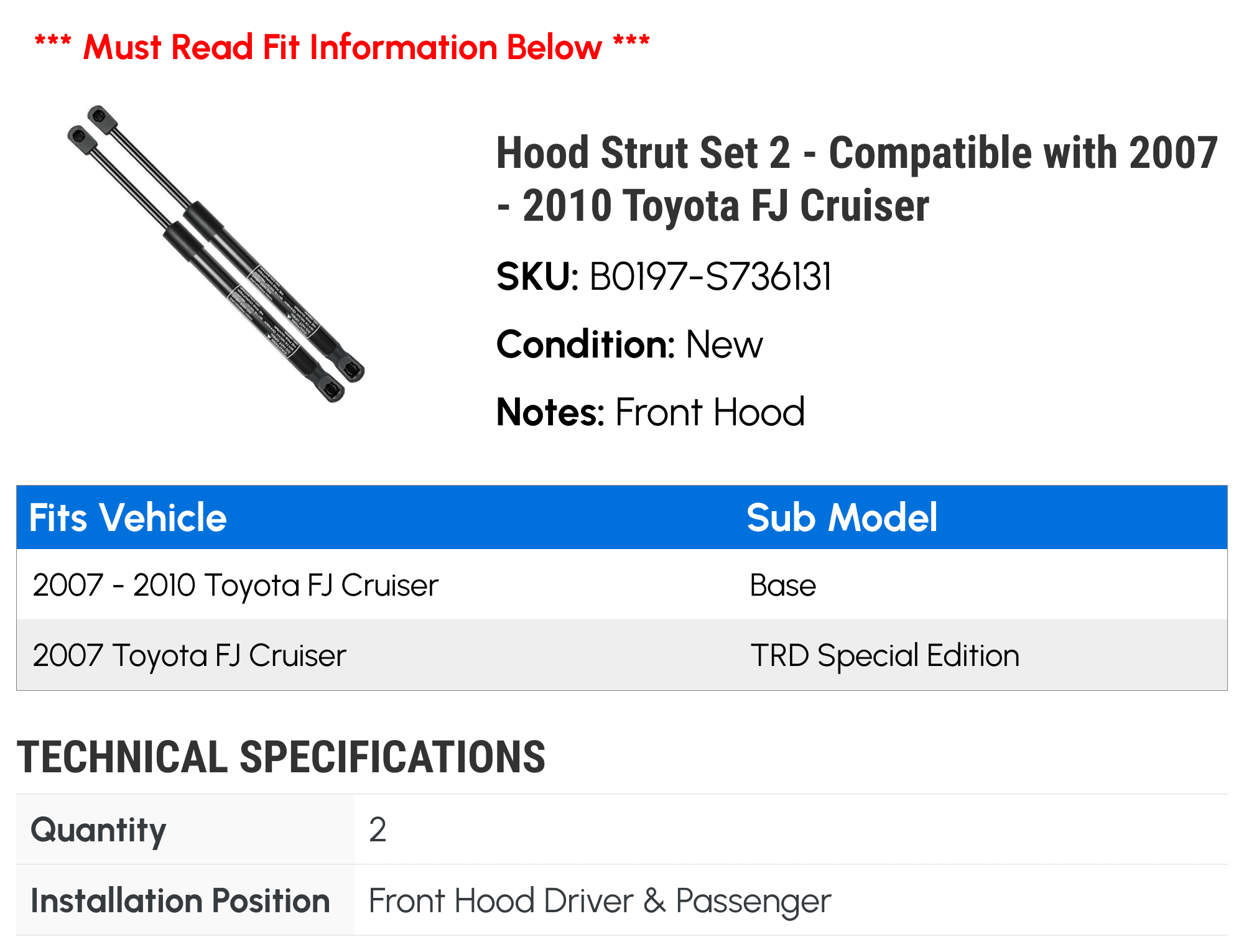 Hood Strut Set 2 - Compatible with 2007 - 2010 Toyota FJ Cruiser - Autopart Premium