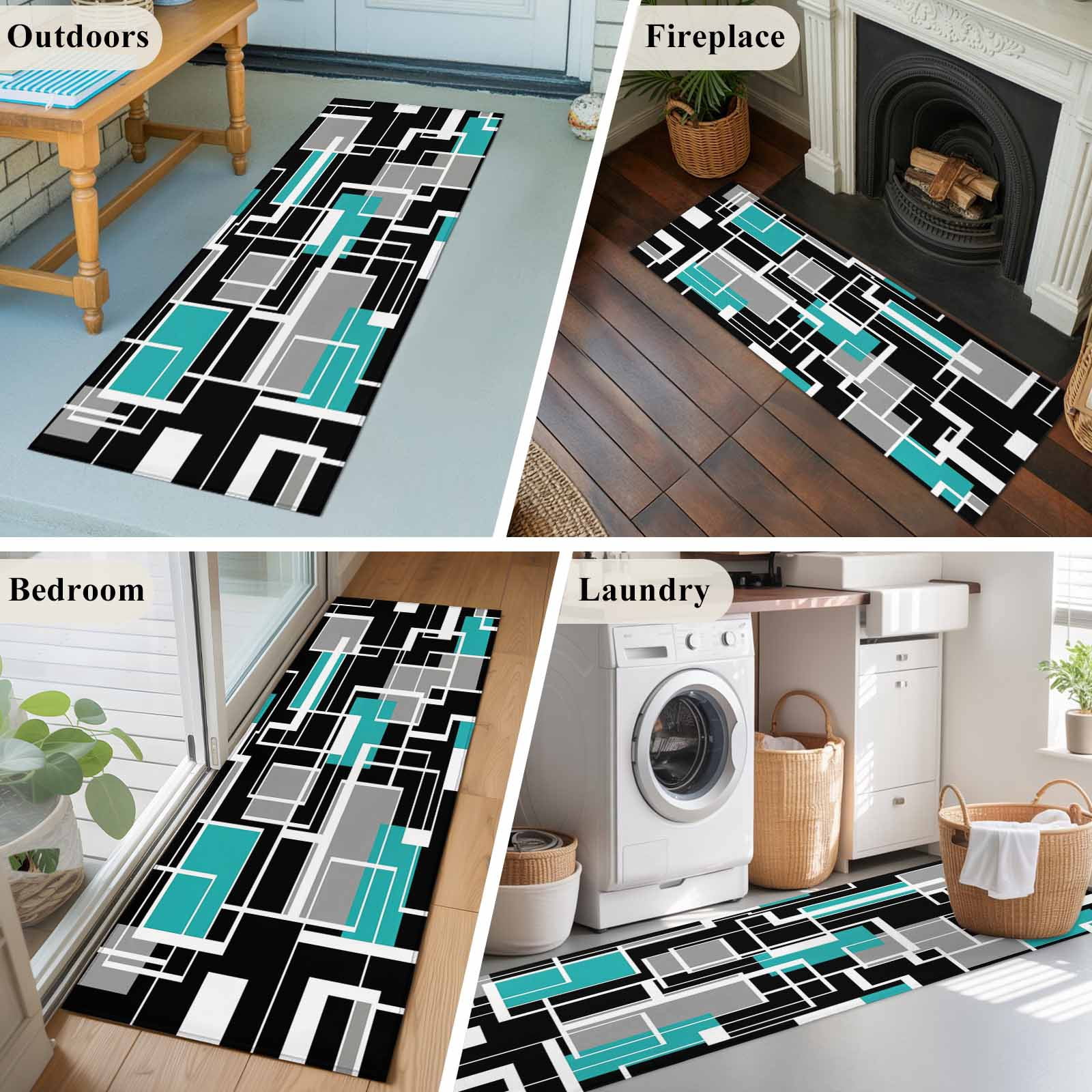 Teal Blue Black Geometric 2'x6' Runner Rugs for Hallway Kitchen Bedside Non Slip Washable, Modern Abstract Art Block Entryway Rug Runners with Rubber Backing, Long Carpet Runner for Laundry Room