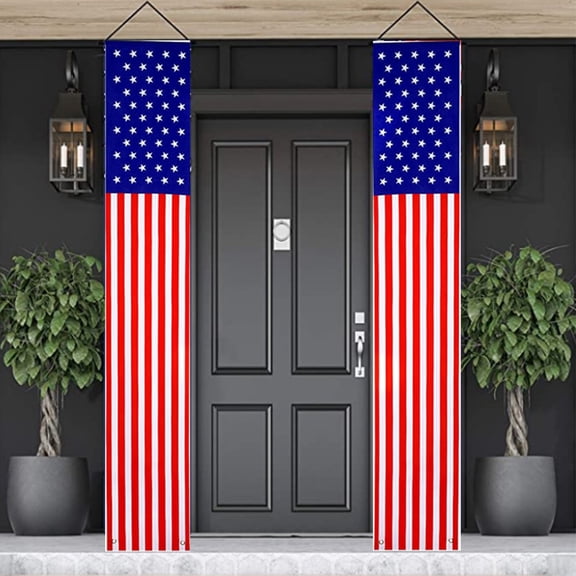 4th of July Banner American Flag Decorations 2Pcs Patriotic Decorations Porch Sign,Flag Wall Hanging Banners for Memorial Day Home Indoor Outdoor Decor