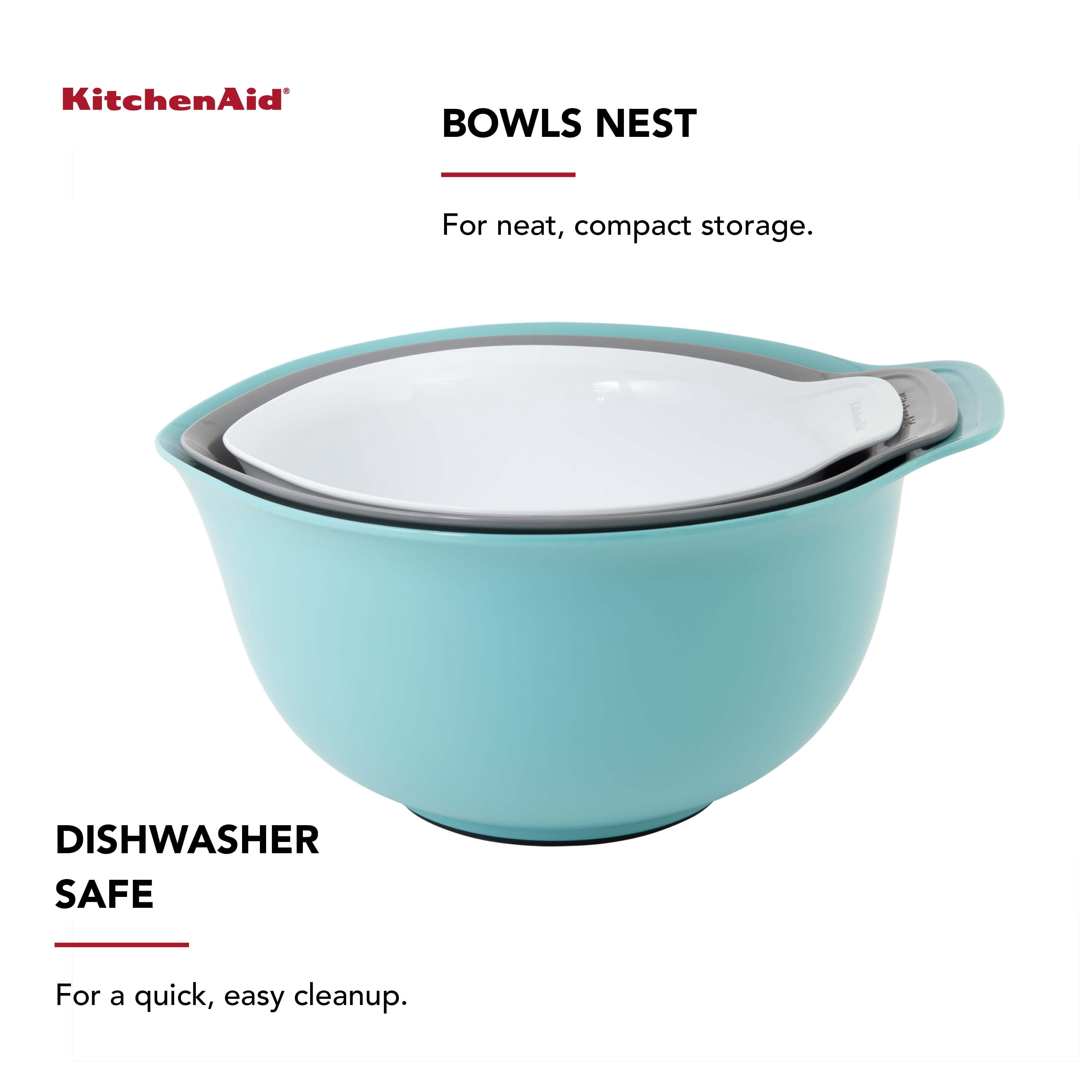 KitchenAid Universal Set of 3 Plastic Mixing Bowls Aqua Blue, Gray and White