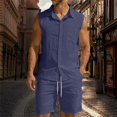 thumbnail image 2 of Mens Linen Sets 2 Piece Outfits Sleeveless Shirt And Shorts Set Vacation Outfit for Men Summer Beach Suits Button Down Tank Tops And Short Set Gym Tracksuits Navy 3Xl, 2 of 5