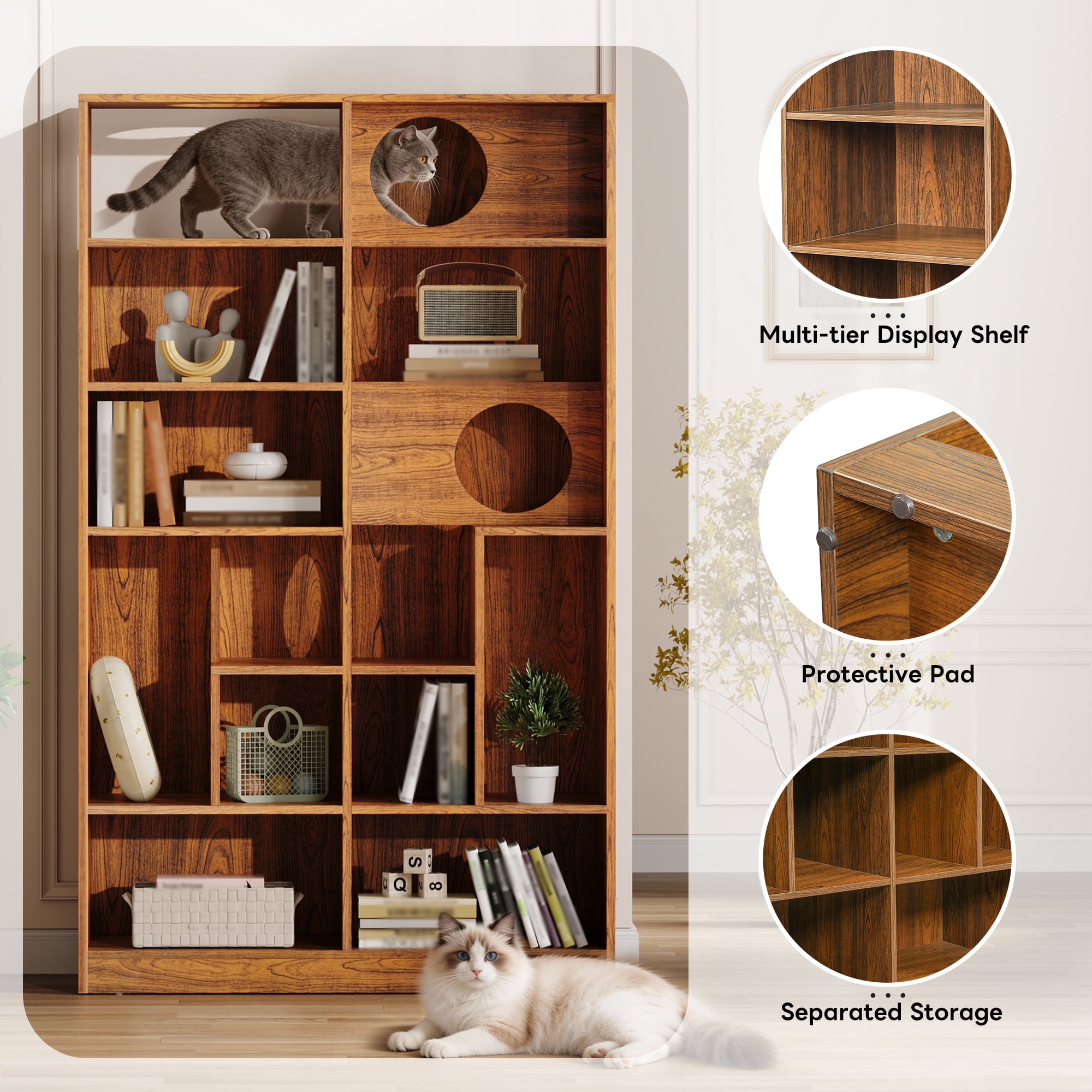 Euroco 2 in 1 Wood Bookshelf Cat House, Modern Cat Tree Display Case with Storage,Built-in Cat Houses and Pass-Through Cat Holes,Cat Litter Box Enclosure Climbing Shelf,Brown
