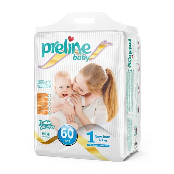 Baby Diapers, Size 1 New Born (4-11 lbs).  60 Count, Soft and absortant.
