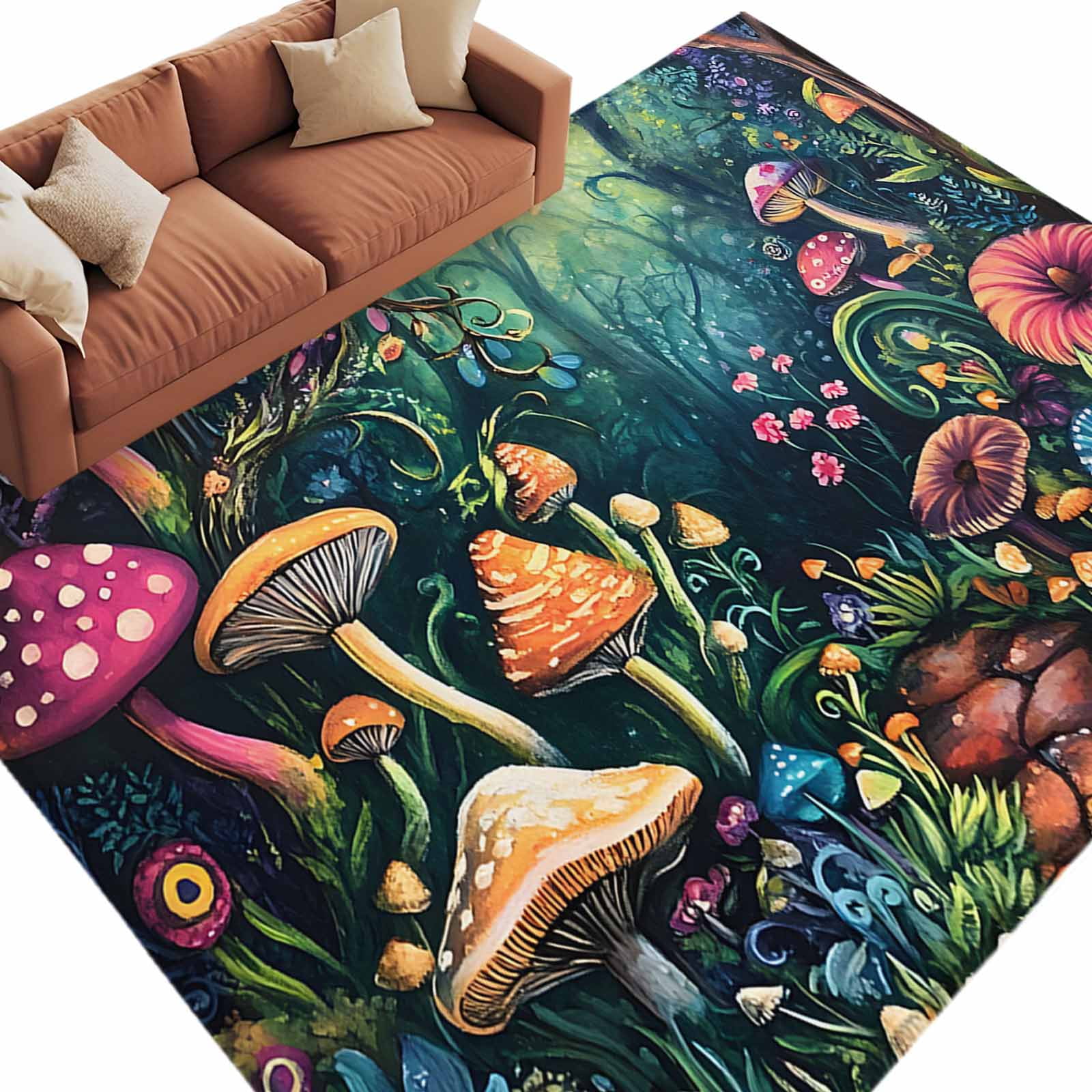 Rectangle Rug 5x8ft Area Rug Vintage Forest Mushroom Area Rugs for Living Room Bedroom Abstract Watercolor Art Floor Mat Non-Slip Non-Shedding Carpet Indoor Accent Rugs