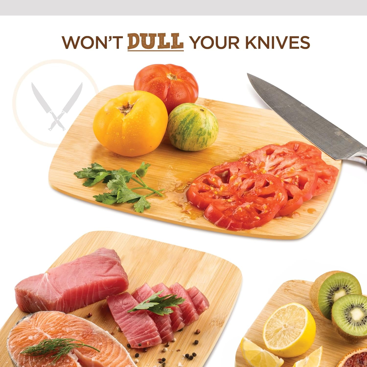 Bamboo Cutting Board Set - 3 Piece Reversible Wood Cutting Boards for Kitchen, Meal Prep & Serving, Chopping Meat, Vegetables, Fruit, Cheese, Charcuterie - Assorted Sizes