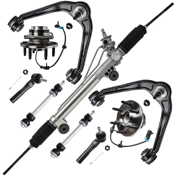 Detroit Axle - 9pc RWD Front End Suspension Kit for 1999-2006 Silverado Sierra 1500, Power Steering Rack & Pinion Control Arms w/Ball Joints Wheel Bearing Hubs Replacement