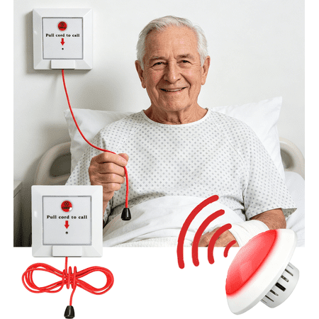 Wireless Elderly Pull Cord SOS Call Alarm System, Fall Alert Devices for Seniors, Long Range Caregiver Call Button for In-Home Care, Bedroom, Bathroom and Stairway Use