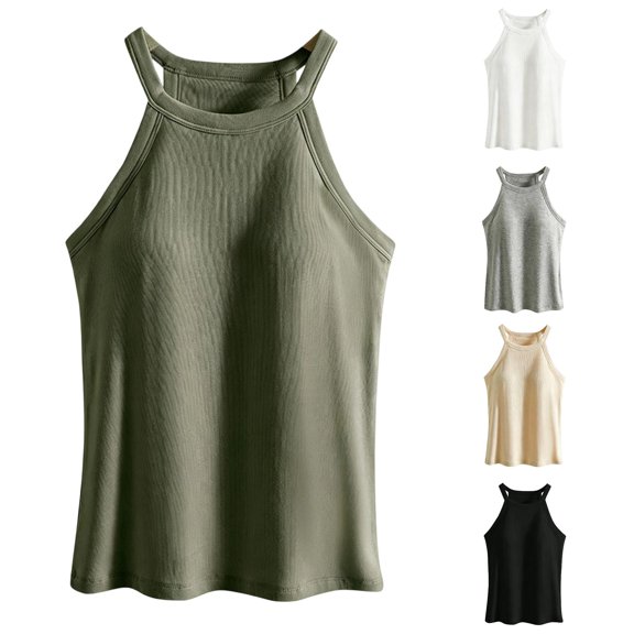 XIAONU Womens Ribbed Halter Tank Top Sleeveless Slim Fit Gym Daily Camis